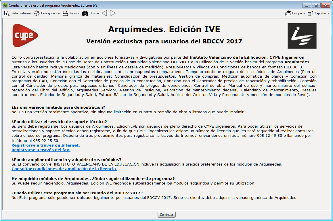 Arquímedes Edición IVE. Registro para el servicio de Soporte técnico y ampliación de la licencia
